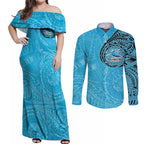 Personalized Cronulla Sutherland Sharks Couples Matching Off Shoulder Maxi Dress and Long Sleeve Button Shirt Polynesian Tribal Chest and Sleeve Tattoo