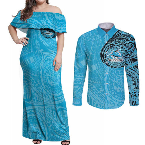 Personalized Cronulla Sutherland Sharks Couples Matching Off Shoulder Maxi Dress and Long Sleeve Button Shirt Polynesian Tribal Chest and Sleeve Tattoo