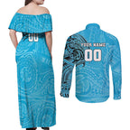 Personalized Cronulla Sutherland Sharks Couples Matching Off Shoulder Maxi Dress and Long Sleeve Button Shirt Polynesian Tribal Chest and Sleeve Tattoo