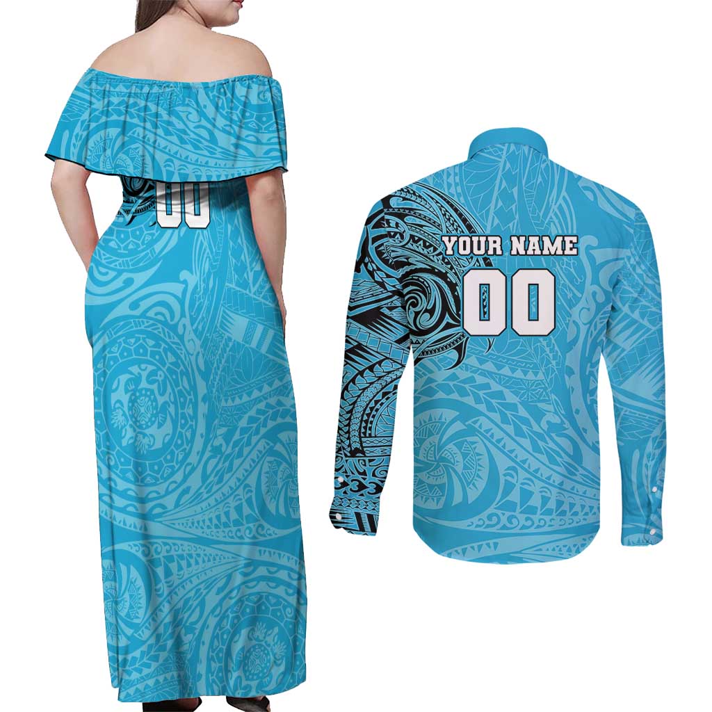 Personalized Cronulla Sutherland Sharks Couples Matching Off Shoulder Maxi Dress and Long Sleeve Button Shirt Polynesian Tribal Chest and Sleeve Tattoo