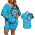 Personalized Cronulla Sutherland Sharks Couples Matching Off Shoulder Short Dress and Hawaiian Shirt Polynesian Tribal Chest and Sleeve Tattoo