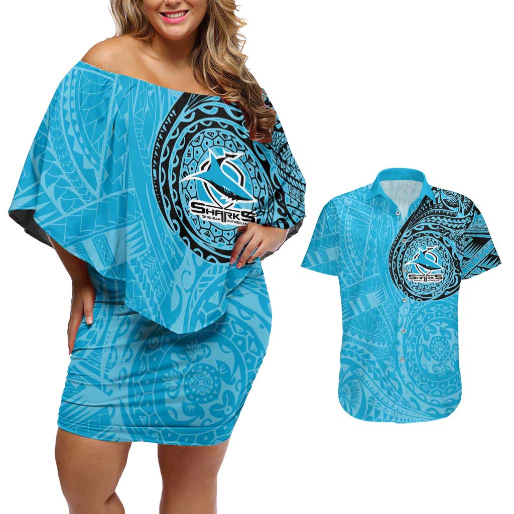 Personalized Cronulla Sutherland Sharks Couples Matching Off Shoulder Short Dress and Hawaiian Shirt Polynesian Tribal Chest and Sleeve Tattoo