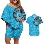 Personalized Cronulla Sutherland Sharks Couples Matching Off Shoulder Short Dress and Hawaiian Shirt Polynesian Tribal Chest and Sleeve Tattoo