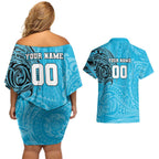 Personalized Cronulla Sutherland Sharks Couples Matching Off Shoulder Short Dress and Hawaiian Shirt Polynesian Tribal Chest and Sleeve Tattoo