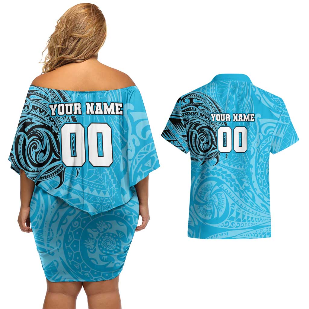 Personalized Cronulla Sutherland Sharks Couples Matching Off Shoulder Short Dress and Hawaiian Shirt Polynesian Tribal Chest and Sleeve Tattoo
