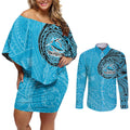 Personalized Cronulla Sutherland Sharks Couples Matching Off Shoulder Short Dress and Long Sleeve Button Shirt Polynesian Tribal Chest and Sleeve Tattoo