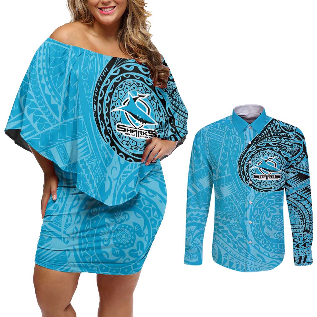 Personalized Cronulla Sutherland Sharks Couples Matching Off Shoulder Short Dress and Long Sleeve Button Shirt Polynesian Tribal Chest and Sleeve Tattoo