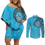 Personalized Cronulla Sutherland Sharks Couples Matching Off Shoulder Short Dress and Long Sleeve Button Shirt Polynesian Tribal Chest and Sleeve Tattoo