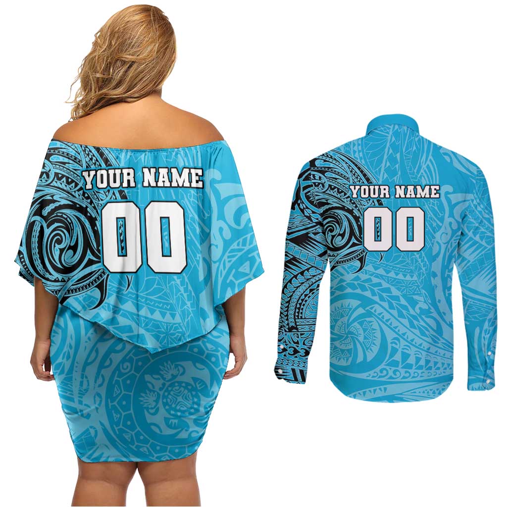 Personalized Cronulla Sutherland Sharks Couples Matching Off Shoulder Short Dress and Long Sleeve Button Shirt Polynesian Tribal Chest and Sleeve Tattoo