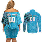 Personalized Cronulla Sutherland Sharks Couples Matching Off Shoulder Short Dress and Long Sleeve Button Shirt Polynesian Tribal Chest and Sleeve Tattoo