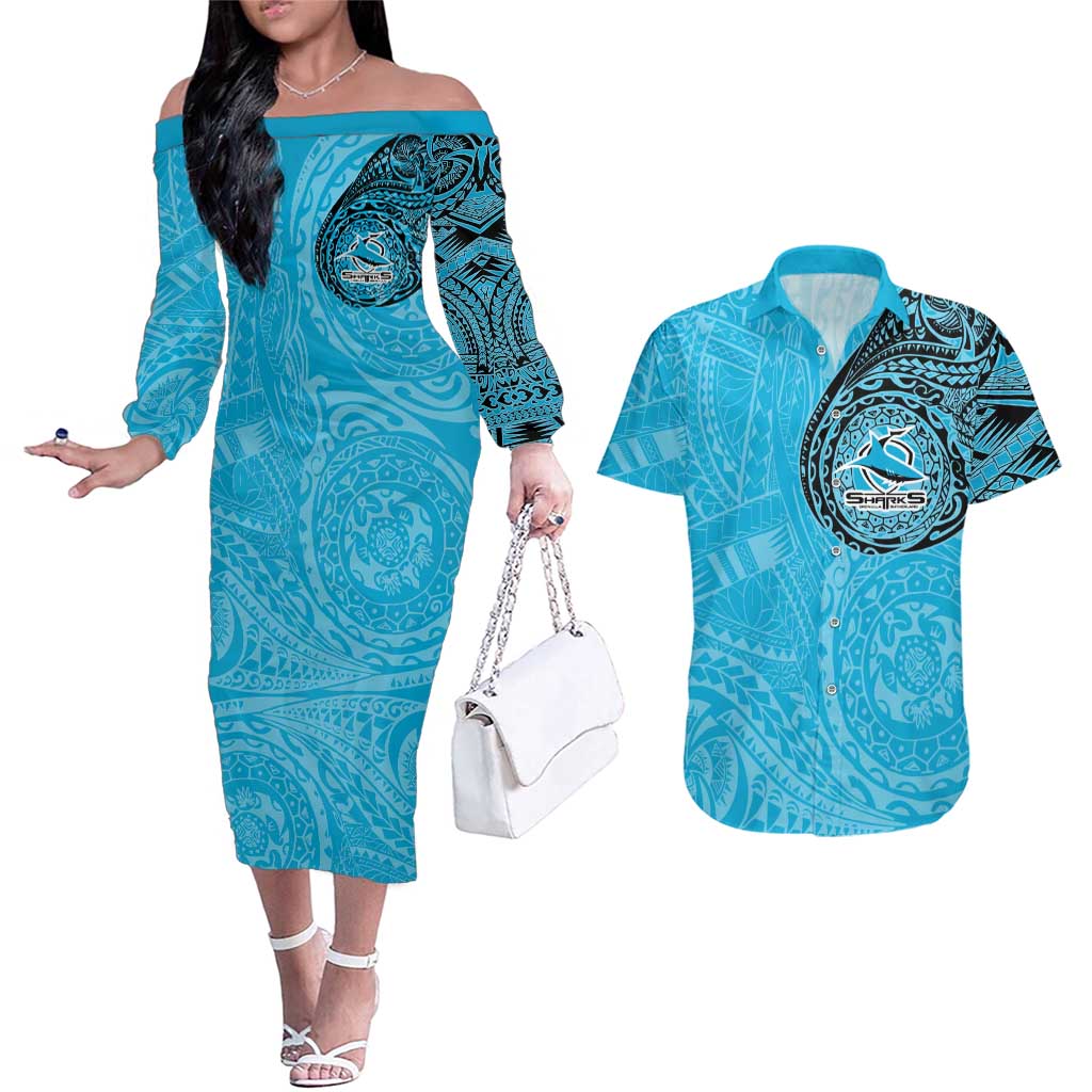 Personalized Cronulla Sutherland Sharks Couples Matching Off The Shoulder Long Sleeve Dress and Hawaiian Shirt Polynesian Tribal Chest and Sleeve Tattoo