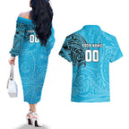 Personalized Cronulla Sutherland Sharks Couples Matching Off The Shoulder Long Sleeve Dress and Hawaiian Shirt Polynesian Tribal Chest and Sleeve Tattoo