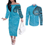 Personalized Cronulla Sutherland Sharks Couples Matching Off The Shoulder Long Sleeve Dress and Long Sleeve Button Shirt Polynesian Tribal Chest and Sleeve Tattoo