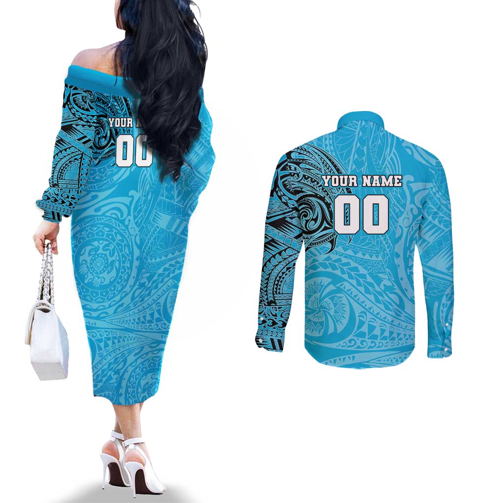 Personalized Cronulla Sutherland Sharks Couples Matching Off The Shoulder Long Sleeve Dress and Long Sleeve Button Shirt Polynesian Tribal Chest and Sleeve Tattoo