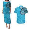 Personalized Cronulla Sutherland Sharks Couples Matching Puletasi and Hawaiian Shirt Polynesian Tribal Chest and Sleeve Tattoo