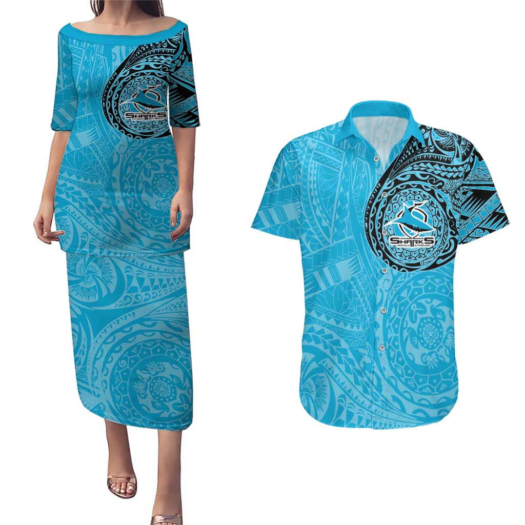 Personalized Cronulla Sutherland Sharks Couples Matching Puletasi and Hawaiian Shirt Polynesian Tribal Chest and Sleeve Tattoo