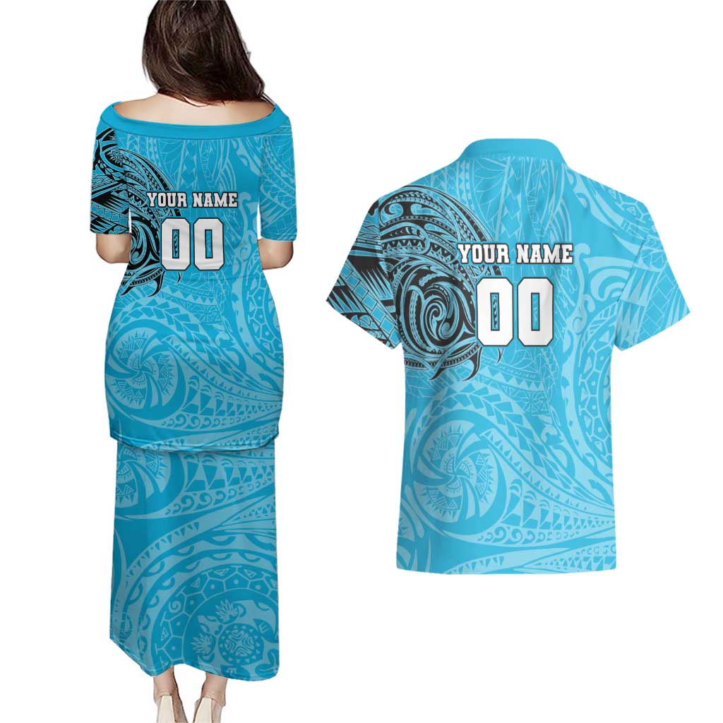 Personalized Cronulla Sutherland Sharks Couples Matching Puletasi and Hawaiian Shirt Polynesian Tribal Chest and Sleeve Tattoo
