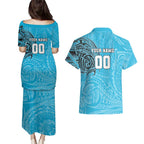 Personalized Cronulla Sutherland Sharks Couples Matching Puletasi and Hawaiian Shirt Polynesian Tribal Chest and Sleeve Tattoo
