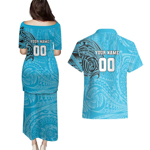 Personalized Cronulla Sutherland Sharks Couples Matching Puletasi and Hawaiian Shirt Polynesian Tribal Chest and Sleeve Tattoo