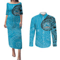 Personalized Cronulla Sutherland Sharks Couples Matching Puletasi and Long Sleeve Button Shirt Polynesian Tribal Chest and Sleeve Tattoo