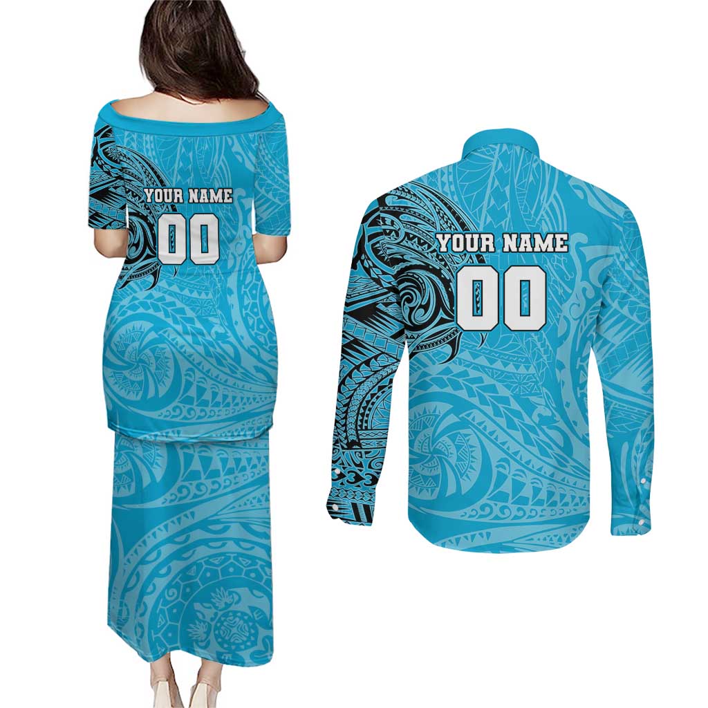 Personalized Cronulla Sutherland Sharks Couples Matching Puletasi and Long Sleeve Button Shirt Polynesian Tribal Chest and Sleeve Tattoo