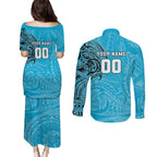 Personalized Cronulla Sutherland Sharks Couples Matching Puletasi and Long Sleeve Button Shirt Polynesian Tribal Chest and Sleeve Tattoo