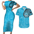 Personalized Cronulla Sutherland Sharks Couples Matching Short Sleeve Bodycon Dress and Hawaiian Shirt Polynesian Tribal Chest and Sleeve Tattoo