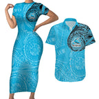 Personalized Cronulla Sutherland Sharks Couples Matching Short Sleeve Bodycon Dress and Hawaiian Shirt Polynesian Tribal Chest and Sleeve Tattoo