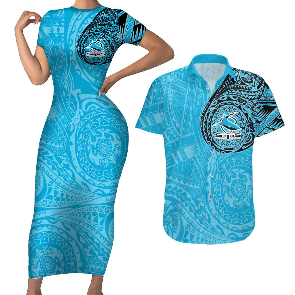 Personalized Cronulla Sutherland Sharks Couples Matching Short Sleeve Bodycon Dress and Hawaiian Shirt Polynesian Tribal Chest and Sleeve Tattoo