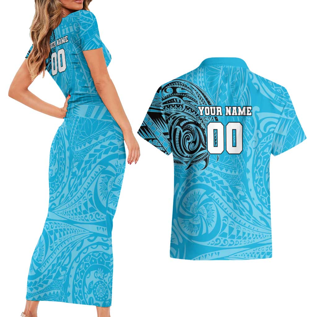 Personalized Cronulla Sutherland Sharks Couples Matching Short Sleeve Bodycon Dress and Hawaiian Shirt Polynesian Tribal Chest and Sleeve Tattoo