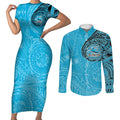 Personalized Cronulla Sutherland Sharks Couples Matching Short Sleeve Bodycon Dress and Long Sleeve Button Shirt Polynesian Tribal Chest and Sleeve Tattoo