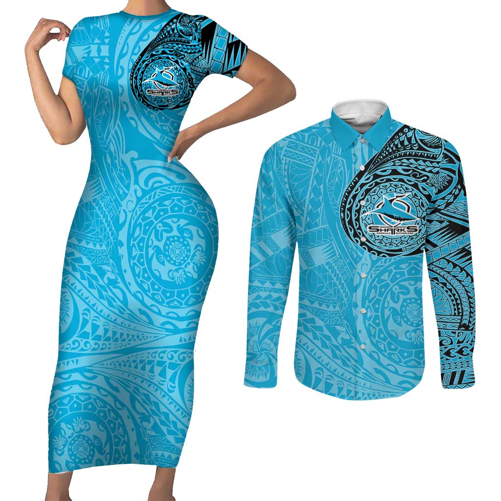 Personalized Cronulla Sutherland Sharks Couples Matching Short Sleeve Bodycon Dress and Long Sleeve Button Shirt Polynesian Tribal Chest and Sleeve Tattoo