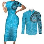 Personalized Cronulla Sutherland Sharks Couples Matching Short Sleeve Bodycon Dress and Long Sleeve Button Shirt Polynesian Tribal Chest and Sleeve Tattoo