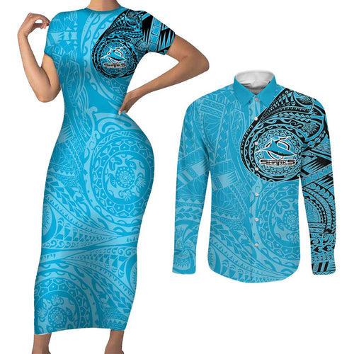 Personalized Cronulla Sutherland Sharks Couples Matching Short Sleeve Bodycon Dress and Long Sleeve Button Shirt Polynesian Tribal Chest and Sleeve Tattoo