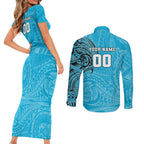 Personalized Cronulla Sutherland Sharks Couples Matching Short Sleeve Bodycon Dress and Long Sleeve Button Shirt Polynesian Tribal Chest and Sleeve Tattoo
