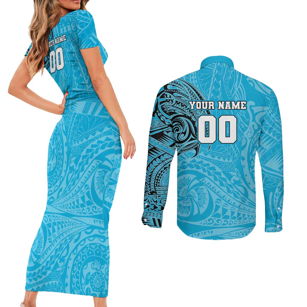 Personalized Cronulla Sutherland Sharks Couples Matching Short Sleeve Bodycon Dress and Long Sleeve Button Shirt Polynesian Tribal Chest and Sleeve Tattoo