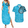 Personalized Cronulla Sutherland Sharks Couples Matching Summer Maxi Dress and Hawaiian Shirt Polynesian Tribal Chest and Sleeve Tattoo