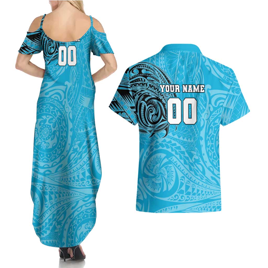 Personalized Cronulla Sutherland Sharks Couples Matching Summer Maxi Dress and Hawaiian Shirt Polynesian Tribal Chest and Sleeve Tattoo