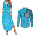 Personalized Cronulla Sutherland Sharks Couples Matching Summer Maxi Dress and Long Sleeve Button Shirt Polynesian Tribal Chest and Sleeve Tattoo