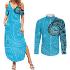 Personalized Cronulla Sutherland Sharks Couples Matching Summer Maxi Dress and Long Sleeve Button Shirt Polynesian Tribal Chest and Sleeve Tattoo