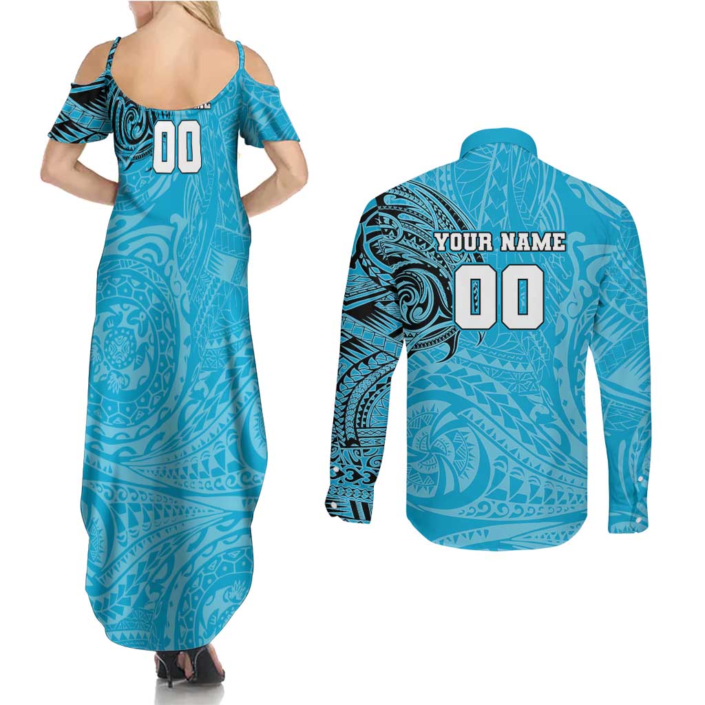 Personalized Cronulla Sutherland Sharks Couples Matching Summer Maxi Dress and Long Sleeve Button Shirt Polynesian Tribal Chest and Sleeve Tattoo