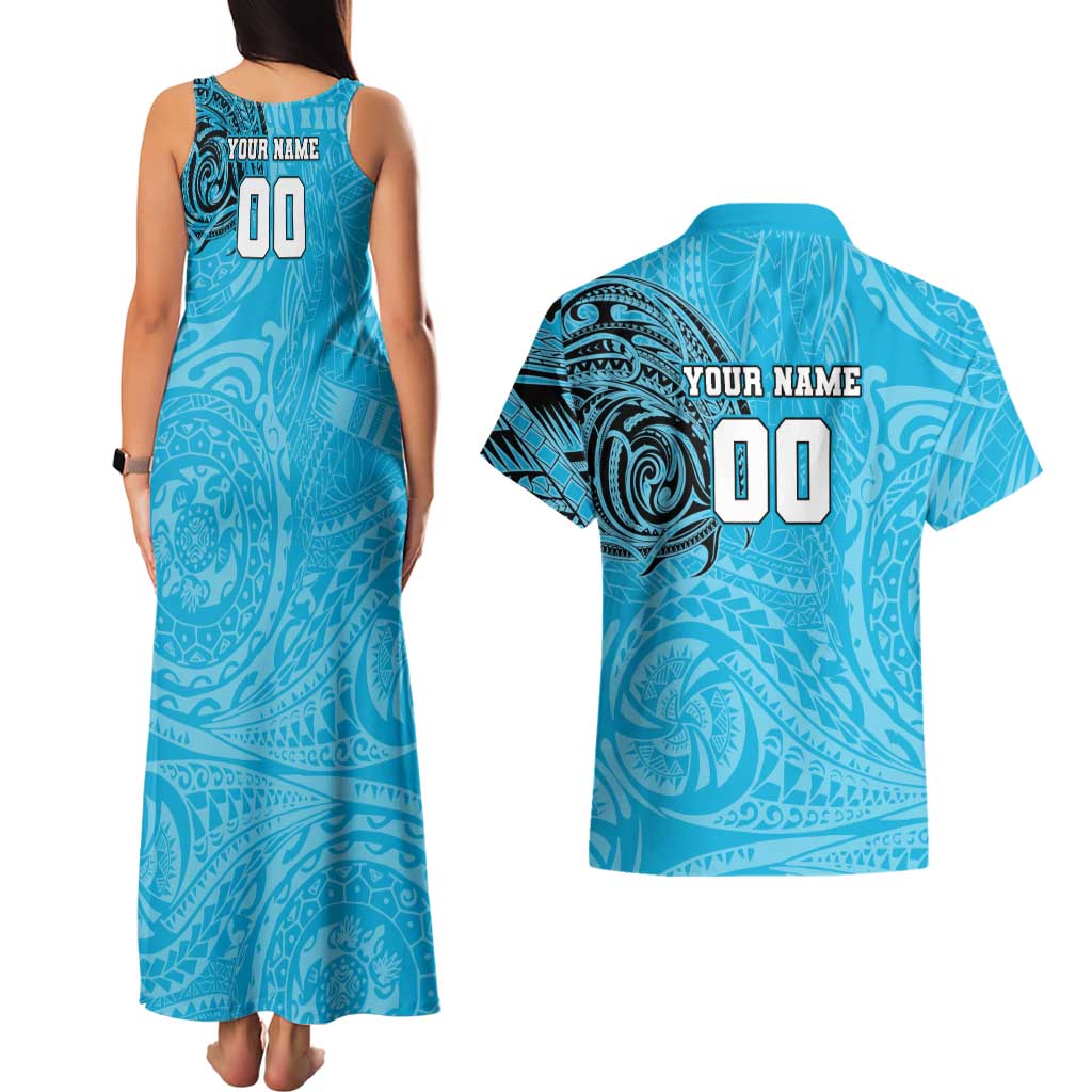 Personalized Cronulla Sutherland Sharks Couples Matching Tank Maxi Dress and Hawaiian Shirt Polynesian Tribal Chest and Sleeve Tattoo