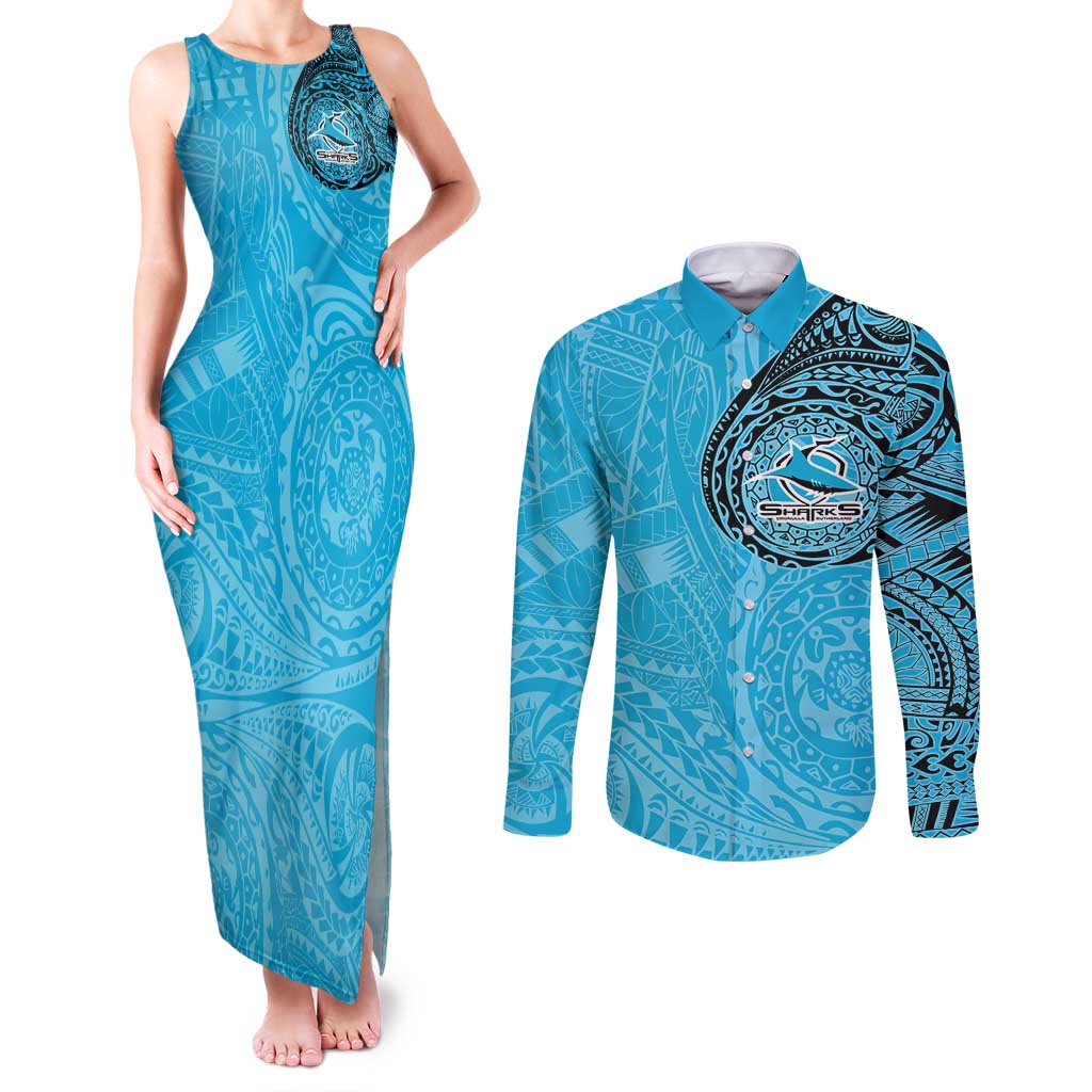 Personalized Cronulla Sutherland Sharks Couples Matching Tank Maxi Dress and Long Sleeve Button Shirt Polynesian Tribal Chest and Sleeve Tattoo