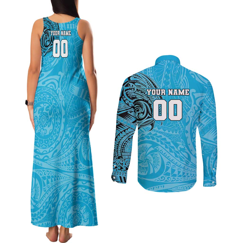 Personalized Cronulla Sutherland Sharks Couples Matching Tank Maxi Dress and Long Sleeve Button Shirt Polynesian Tribal Chest and Sleeve Tattoo