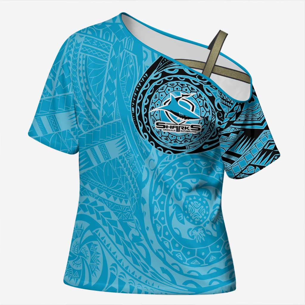 Personalized Cronulla Sutherland Sharks Cross Shoulder Shirt Polynesian Tribal Chest and Sleeve Tattoo