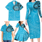 Personalized Cronulla Sutherland Sharks Family Matching Long Sleeve Bodycon Dress and Hawaiian Shirt Polynesian Tribal Chest and Sleeve Tattoo