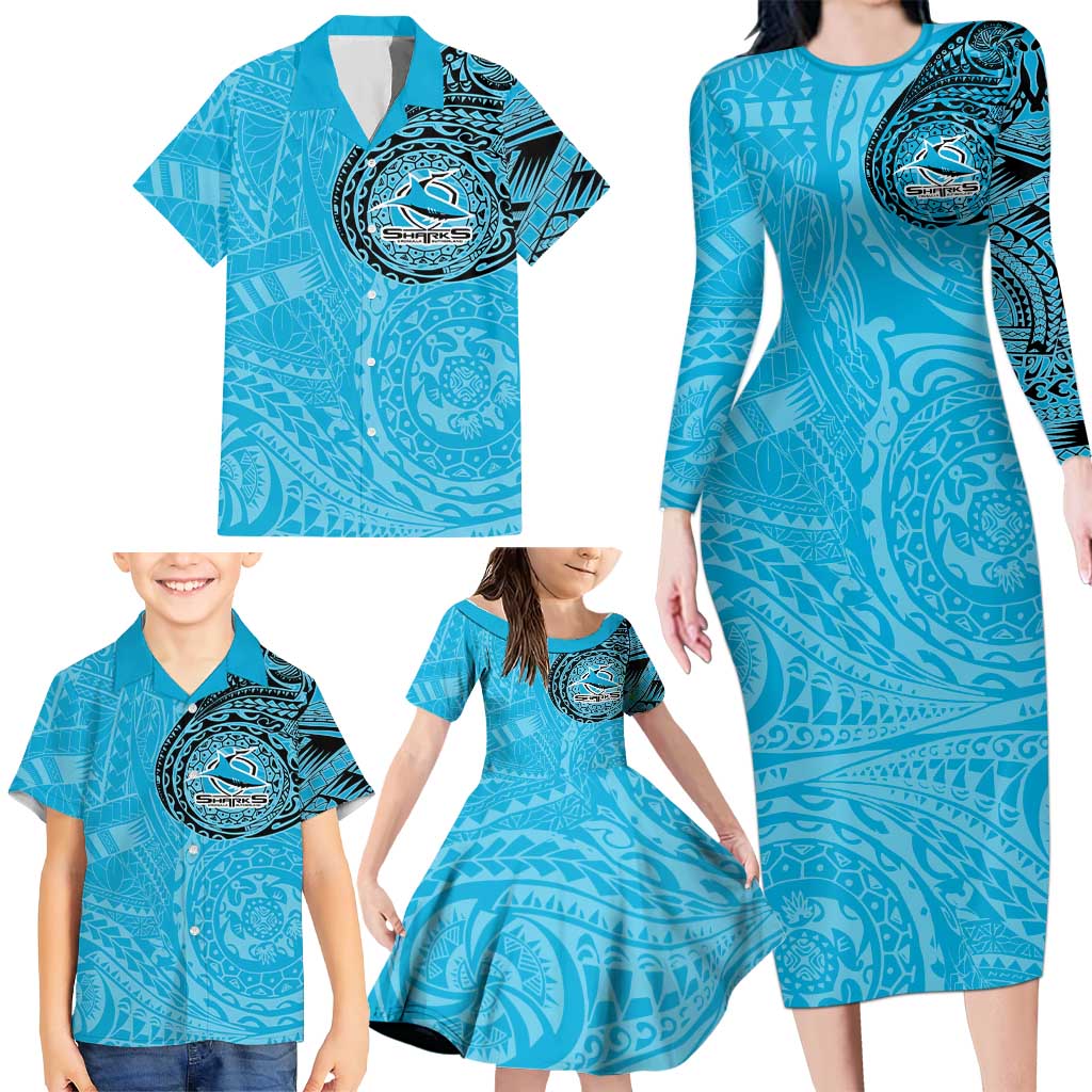 Personalized Cronulla Sutherland Sharks Family Matching Long Sleeve Bodycon Dress and Hawaiian Shirt Polynesian Tribal Chest and Sleeve Tattoo