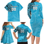 Personalized Cronulla Sutherland Sharks Family Matching Long Sleeve Bodycon Dress and Hawaiian Shirt Polynesian Tribal Chest and Sleeve Tattoo