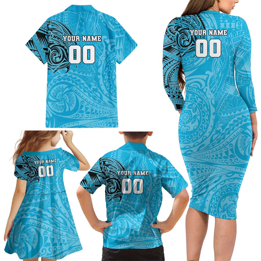 Personalized Cronulla Sutherland Sharks Family Matching Long Sleeve Bodycon Dress and Hawaiian Shirt Polynesian Tribal Chest and Sleeve Tattoo