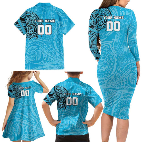Personalized Cronulla Sutherland Sharks Family Matching Long Sleeve Bodycon Dress and Hawaiian Shirt Polynesian Tribal Chest and Sleeve Tattoo